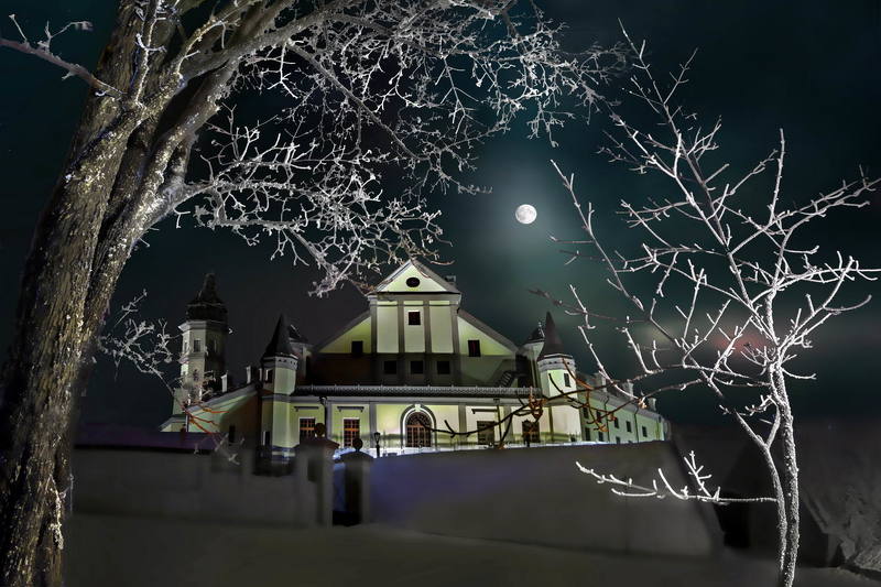 беларусь, несвиж, замок, радзивиллы Лунное сияние над замком Радзивиллов в Несвиже фото превью