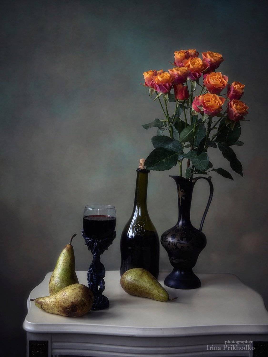 натюрморт, фрукты, еда, напитки, вино, груши, букет, розы, ретро, Ирина Приходько