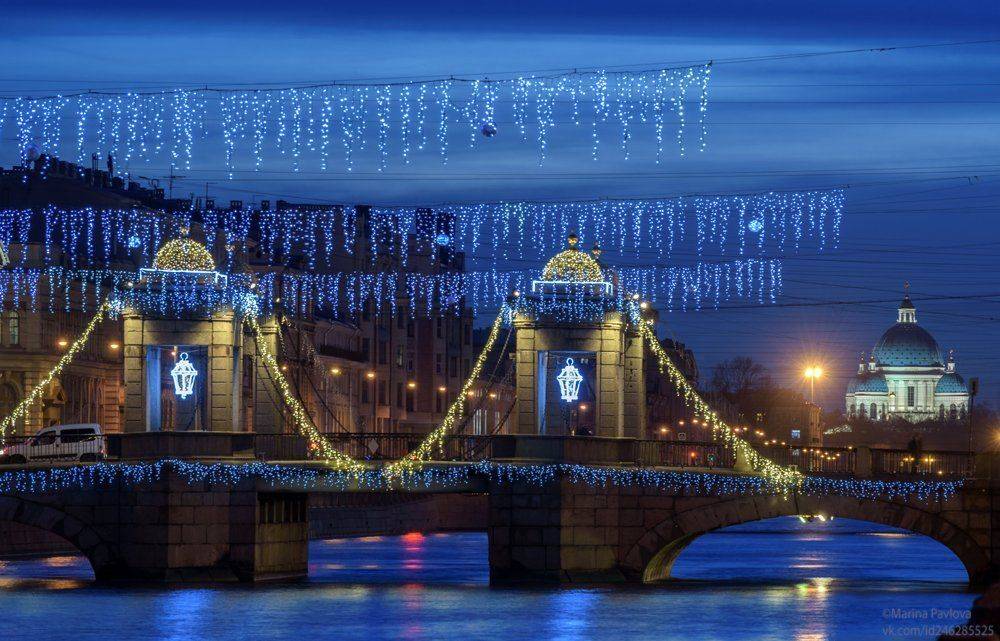 город, архитектура, вечерний новогодний петербург, мост ломоносова, мосты петербурга, река фонтанка, храм, троице-измайловский собор, Марина Павлова