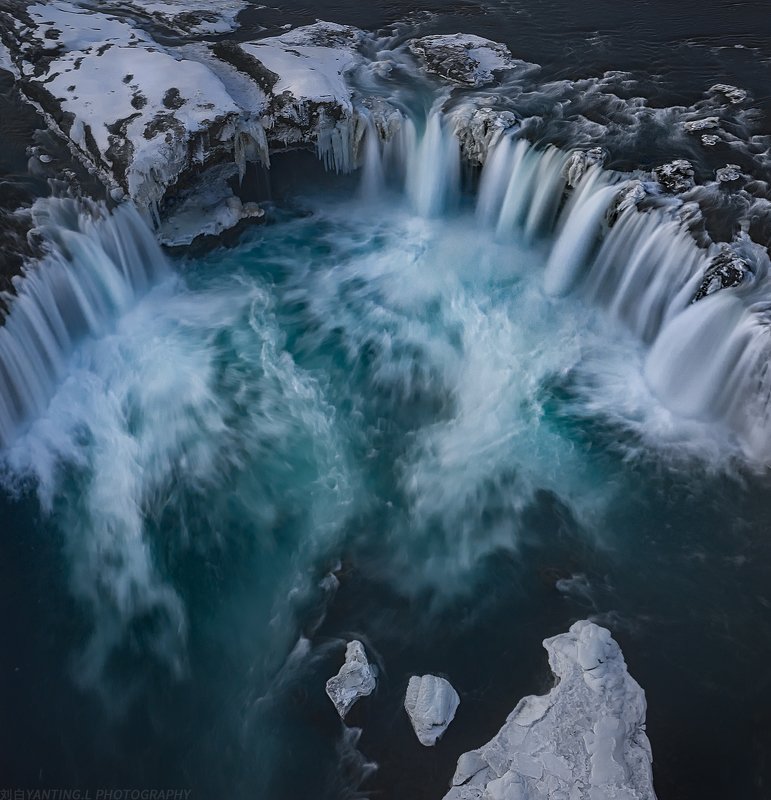 landscape, nature, travel, iceland, waterfall, water, winter, ice, snow, aerial, drone, daylight Godfoss at a God View фото превью