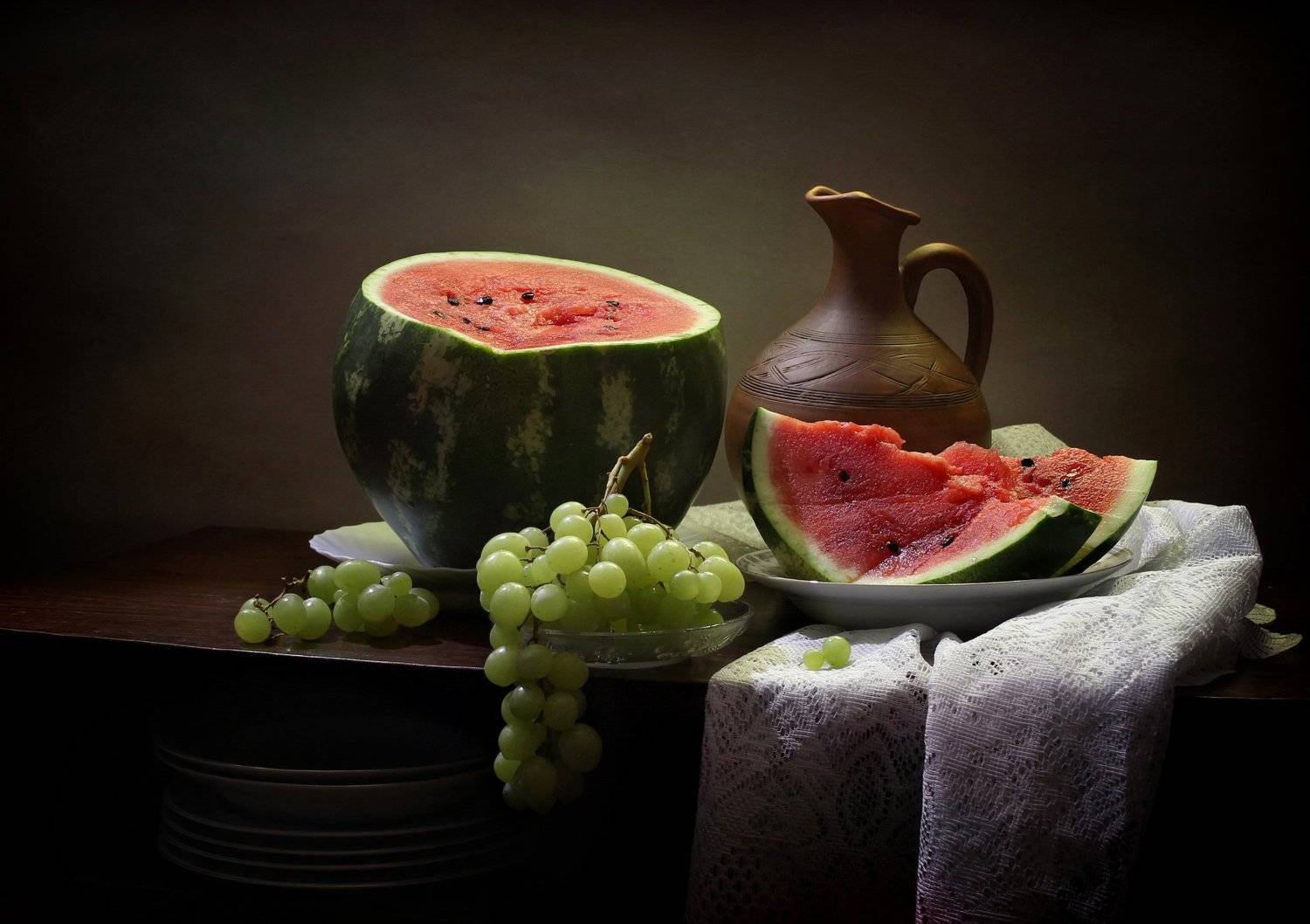 натюрморт, лето, фрукты, арбуз, кувшин, виноград, Ковалева Светлана