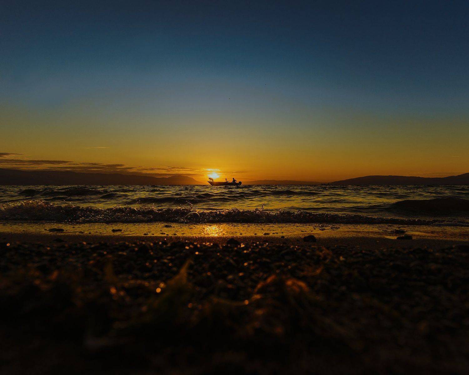 sunset, fisherman, dog, iznik, turkey, sun, lake, water, blue, yellow, Ersin T&uuml;rk