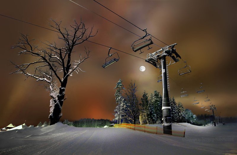 беларусь, звезды, зима, луна, мороз, ночь, снег, замок, гольшаны, вечера-на-хуторе, озерцо, логойск, дудутки Канатная дорога на …луну фото превью