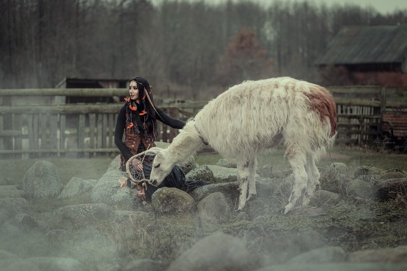 портрет, лама, осень, девушка Shaman фото превью