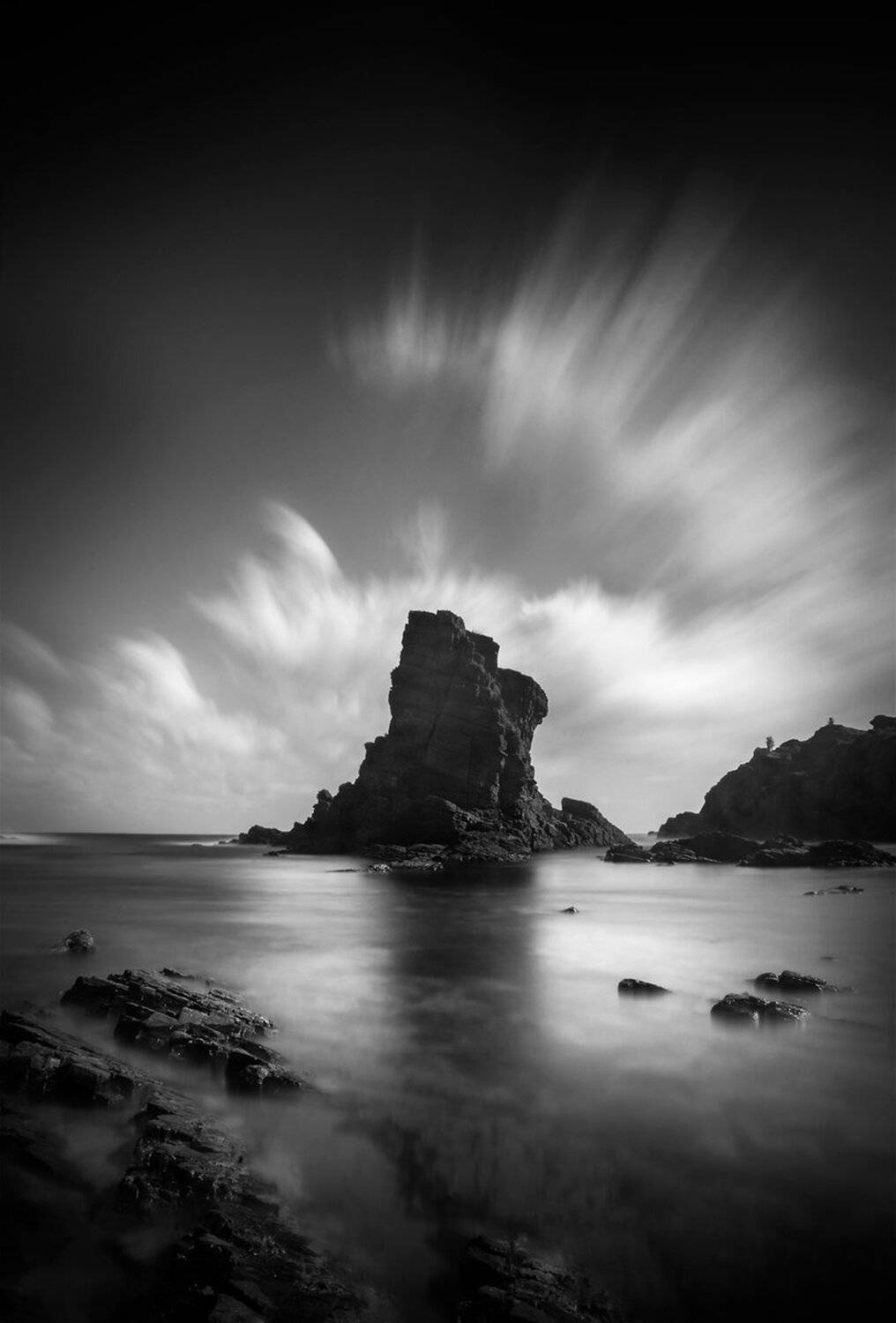 landscape, nature, scenery, sea, light, morning, sunrise, down, waves, rocks, clouds, blackandwhite, longexposure, view, sky, , пейзаж, море, рассвет, Александър Александров