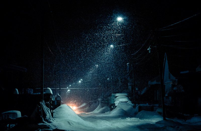 вечер, улица, фонарь, снегопад, дорога Вечерний снегопад фото превью