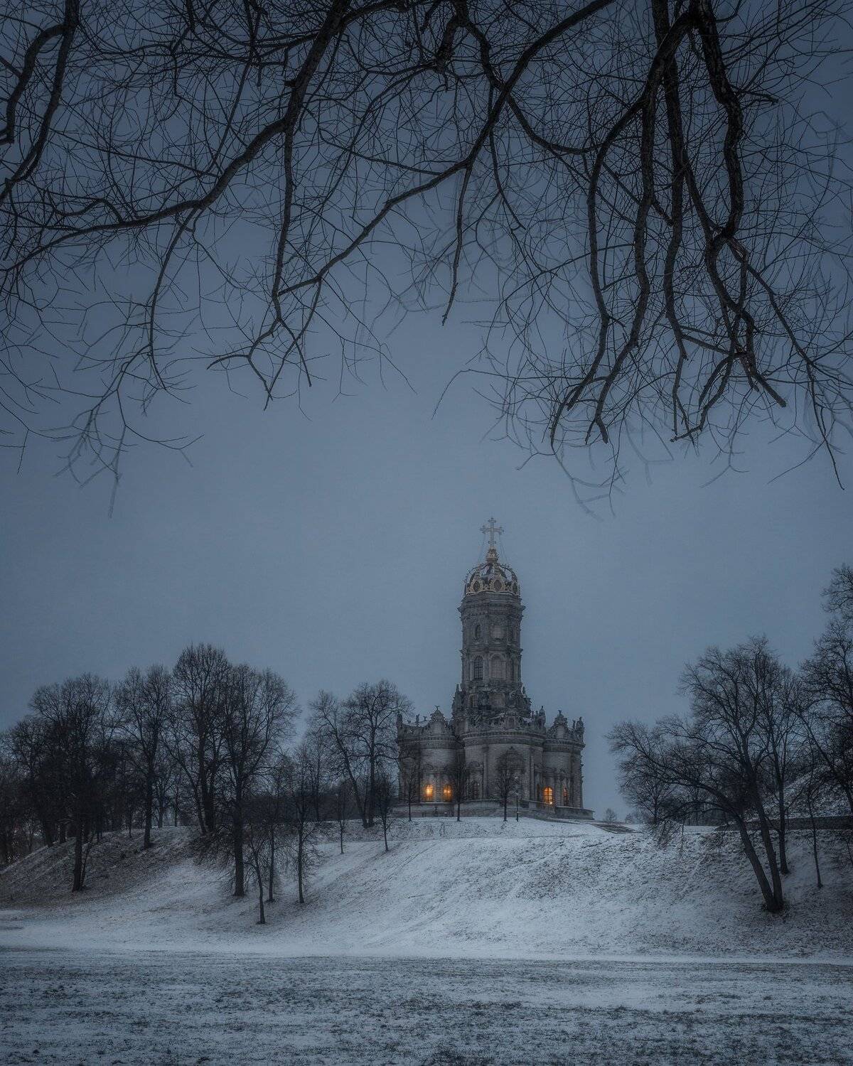 пейзаж, природа, Дубровицы, церковь, ночь, зима, знамения богородицы, свет, окна, Мартыненко Дмитрий