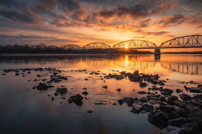 vistula, river, sunrise, stones, reflection, bridge, clouds, morning, landscape, nature, water,  Sunrise over the river фото превью