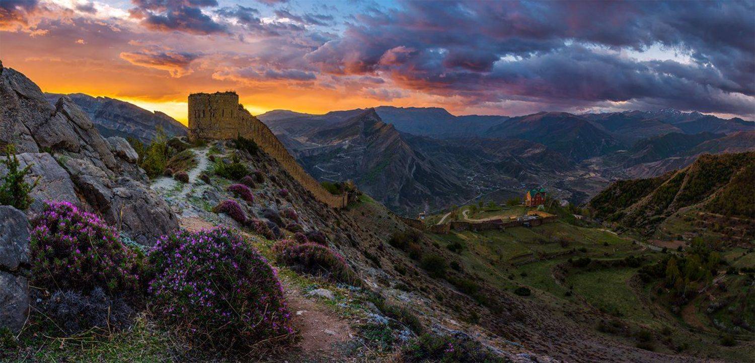 природа, пейзаж, горы, кавказ, природа россии, дикая природа, закат, свет, облака, вечер, весна, панорама, Альберт Беляев