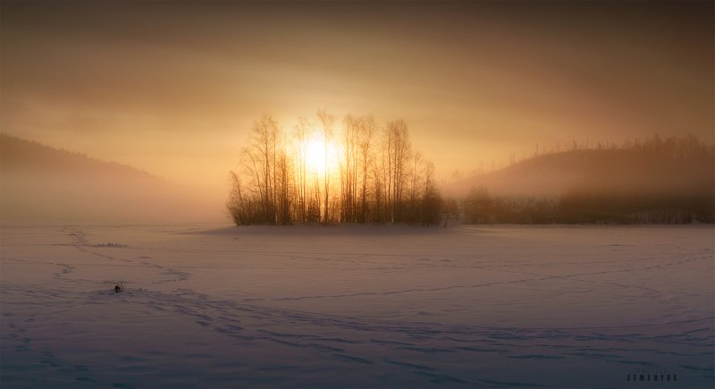 карелия, ладога, зима, рассвет, туман, остров, солнце, landscape, dawn, winter, snow, fog, mist. Остров Солнца фото превью