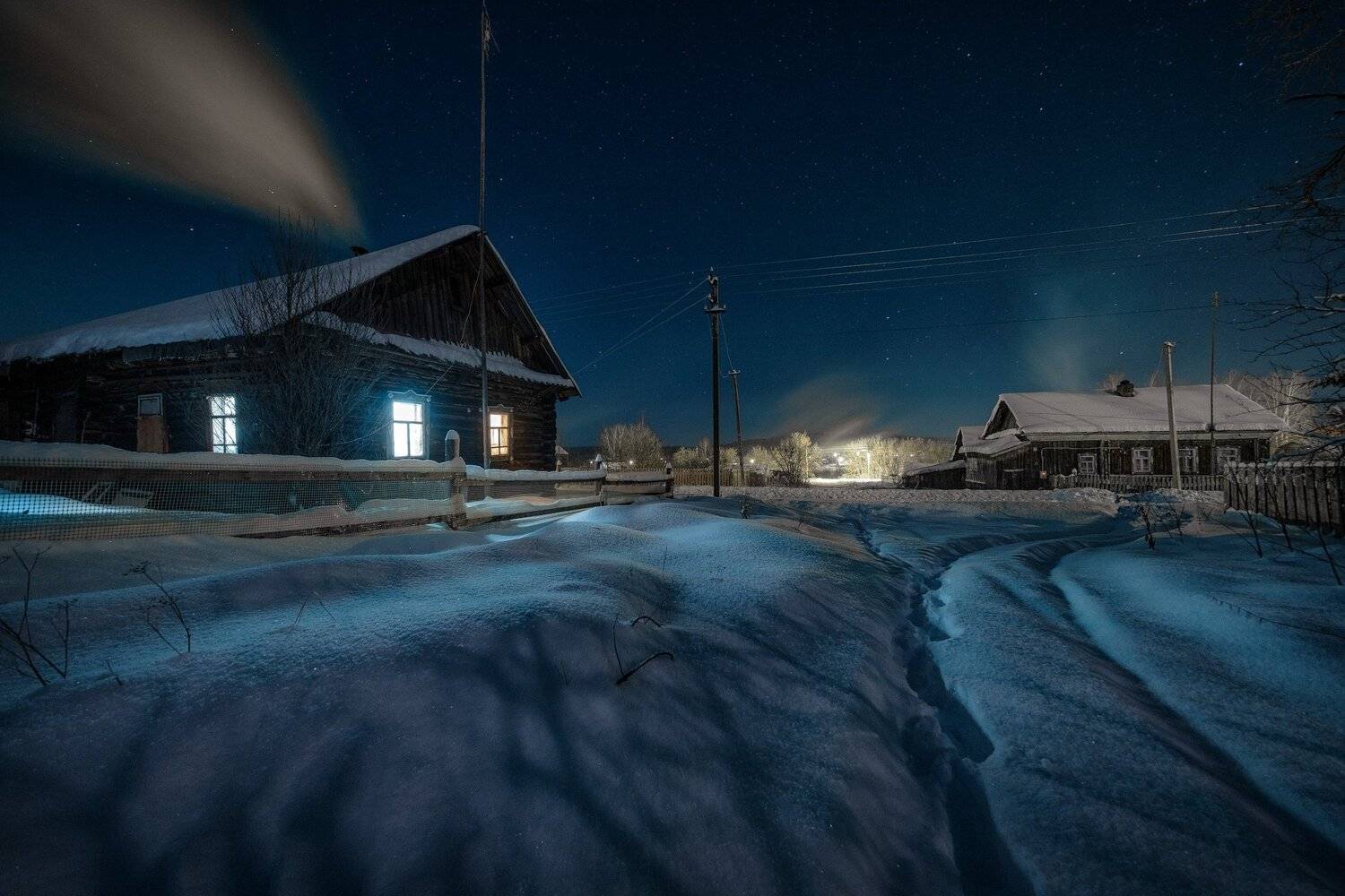 зима, мороз, январь, село, урал, пермский край, снег, лед, небо, звезды, огни, Андрей Чиж