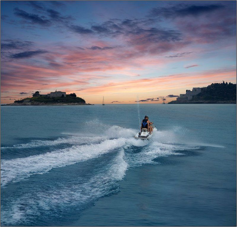 закат, море, скутер, адриатика, море, бухта, боко-котор Вечер фото превью