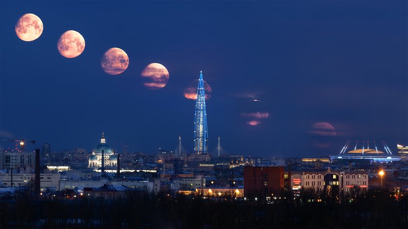 луна, город, пейзаж, петербург Этапы заката луны фото превью