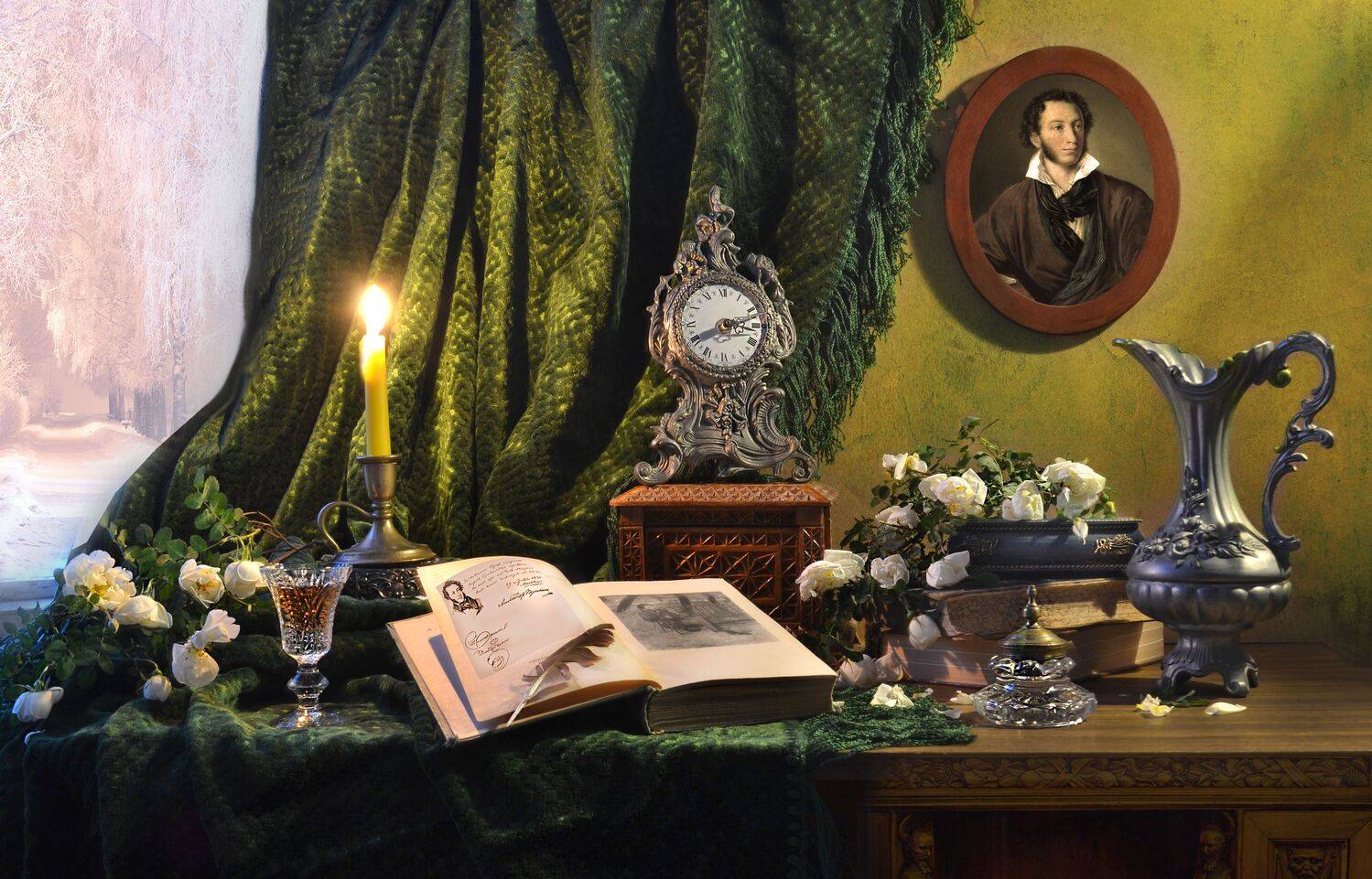 still life,натюрморт,февраль, фото натюрморт, стихи, часы, перо, кувшин, цветы, портрет а,с. пушкина свеча, подсвечник, о пушкине,  книга, зима, день памяти ас пушкина,, Колова Валентина