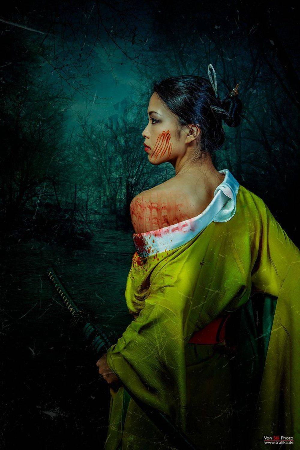 girl, forest, woods, blood, dark, katana, kimono, Von Sel