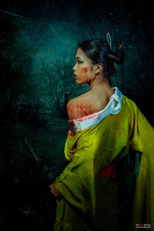 girl, forest, woods, blood, dark, katana, kimono Nelumbo Nucifera фото превью
