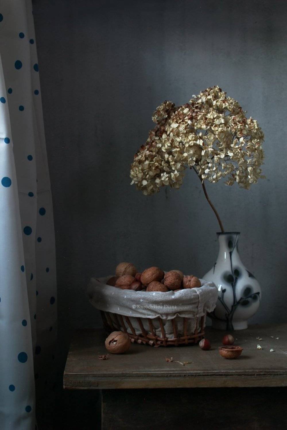 натюрморт, орехи, грецкие орехи, гортензия, Курочкина Диана