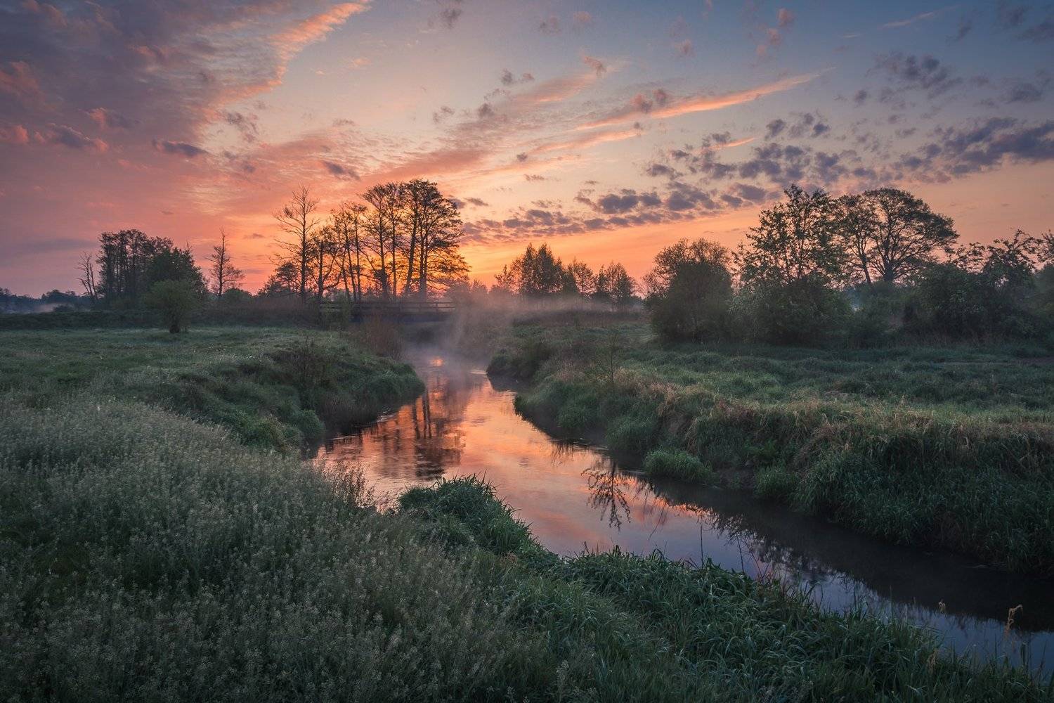 river, water, sunrise, bridge, spring, clouds, morning, landscape, nature, tree, Artur Bociarski