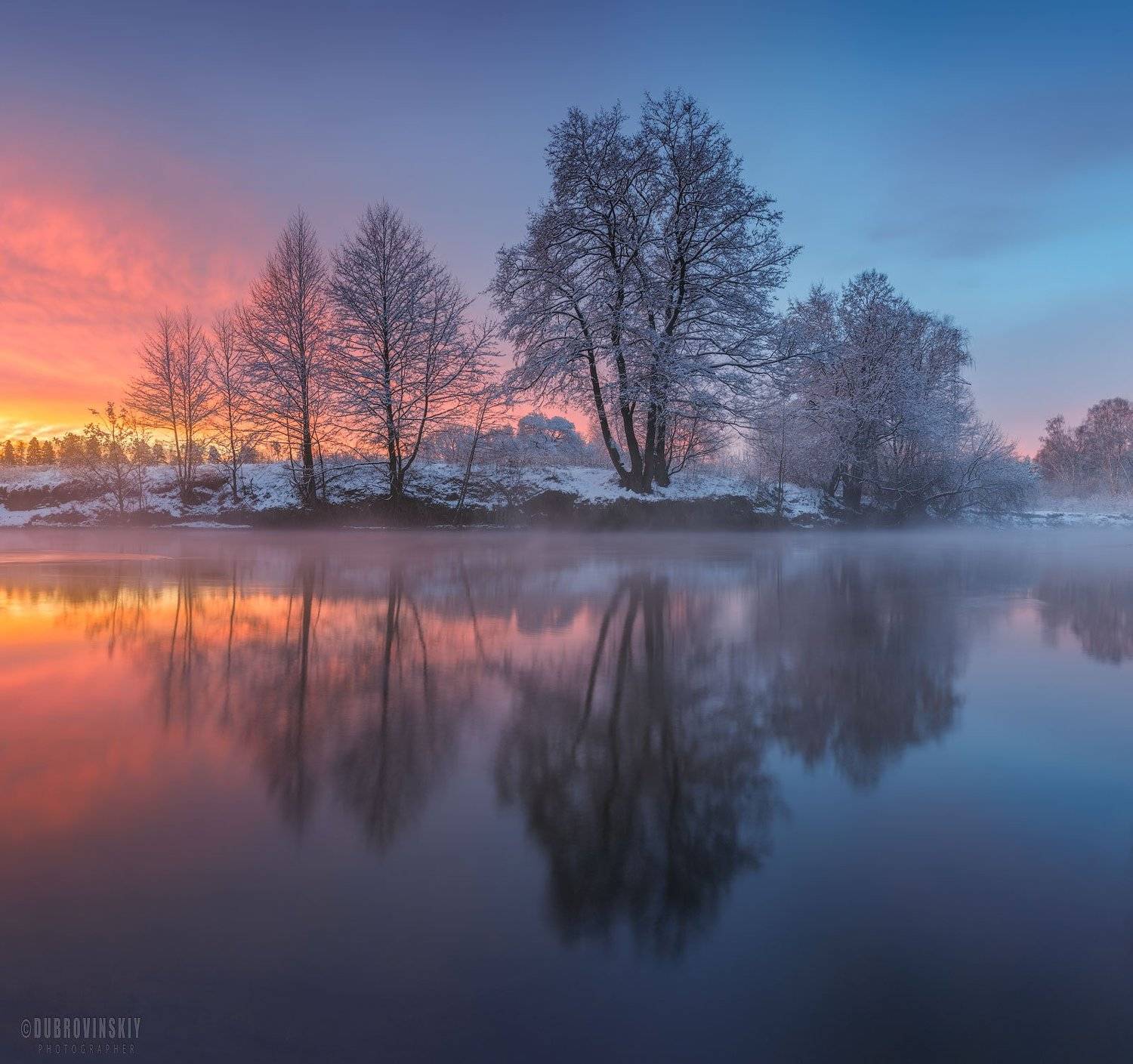 река, зима, рассвет, отражения, дерево, пехорка, Михаил Дубровинский