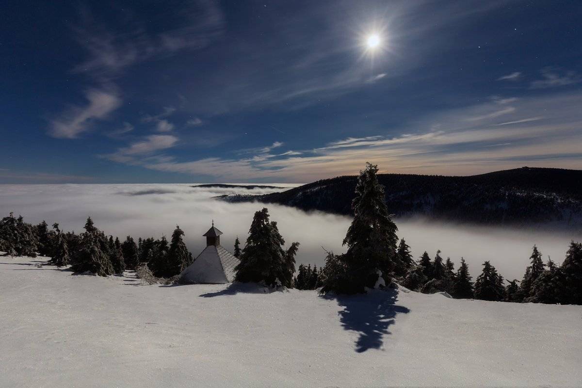 landscape, tree, night, panorama, fog, moon, Petr Fiala