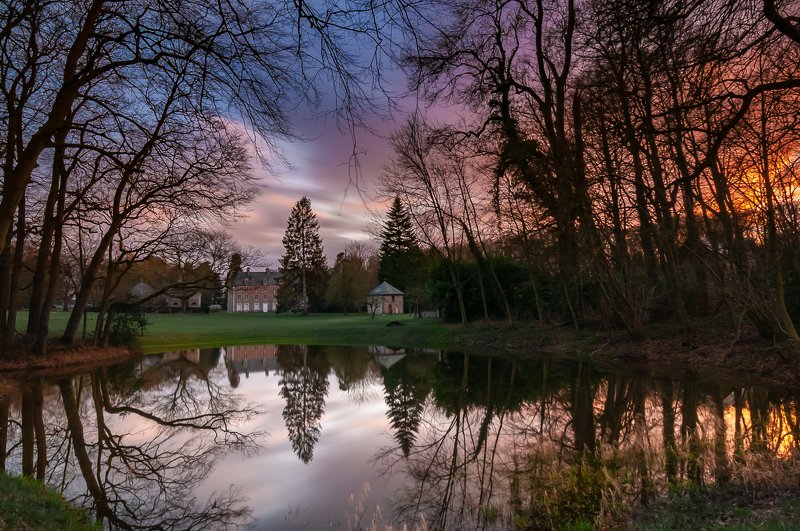 mare; water: sunset; normandy; pond; manor; reflection; La mare du château de Durdan фото превью