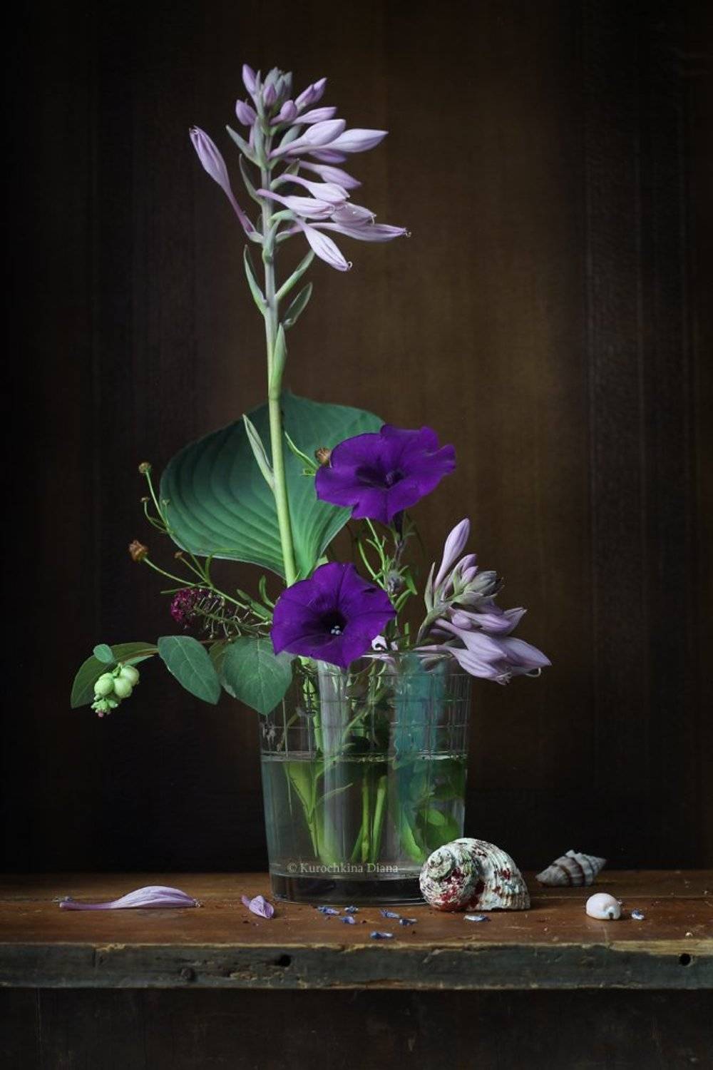 натюрморт, букет, цветы, синий, хоста, петуния, ракушки, Курочкина Диана