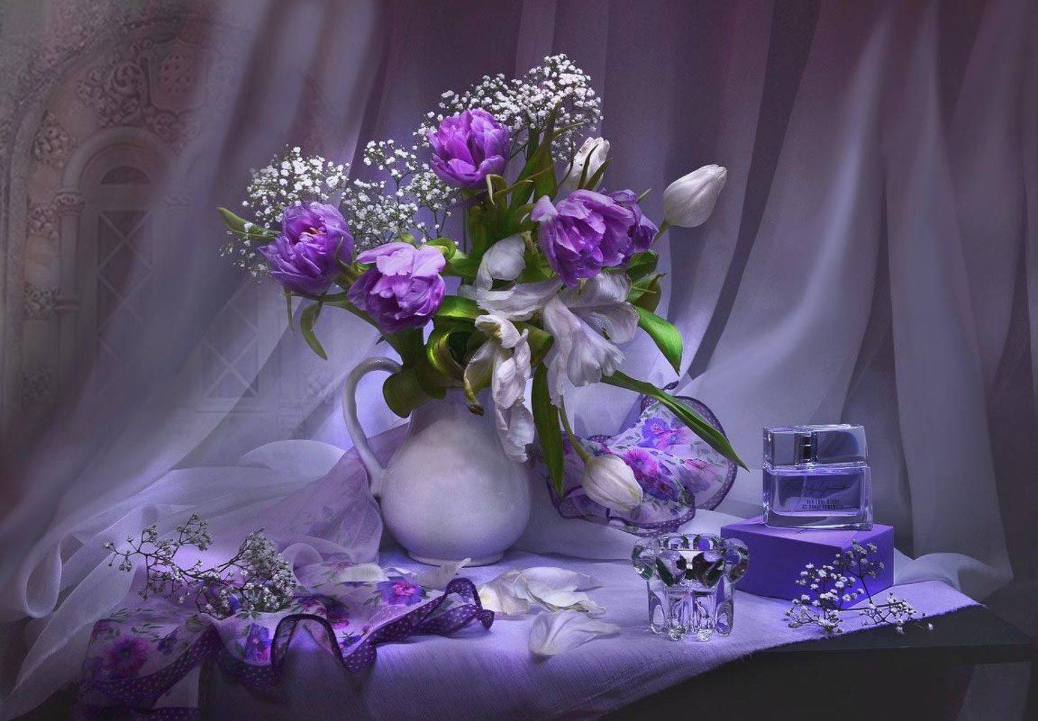 still lif,  натюрморт,  фото натюрморт,зима, февраль, подсвечник,настроение,цветы, тюльпаны, шарфик,духи,  стихи,, Колова Валентина