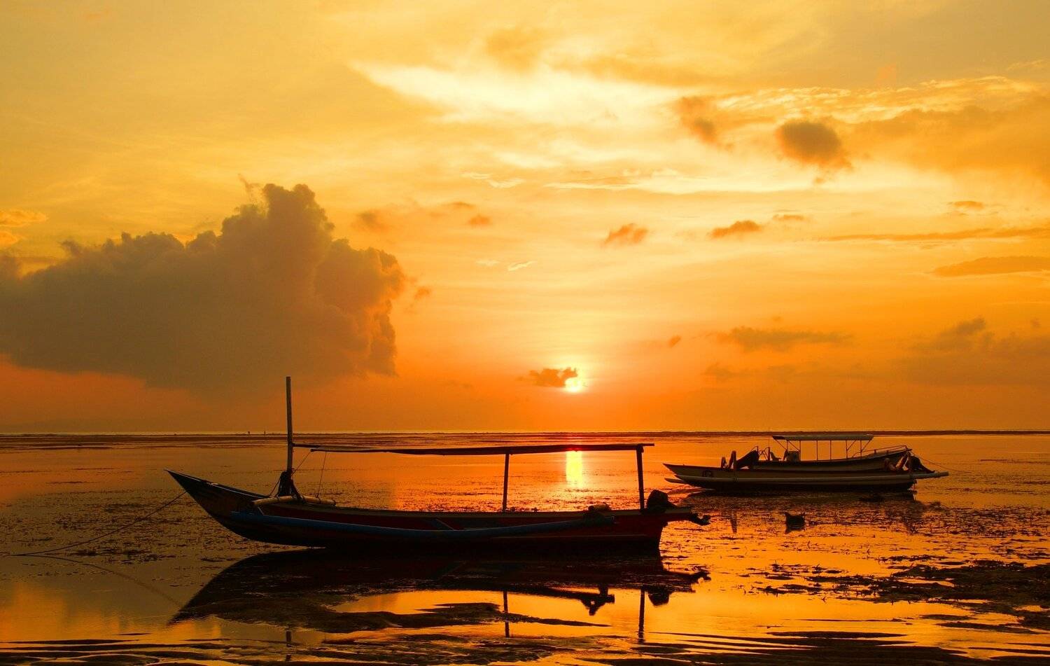 orange, morning, sunrise, dawn, sun, light, shore, ocean, sea, boat, jukung, low tide, landscape, horizon, nature, Сергей Андреевич