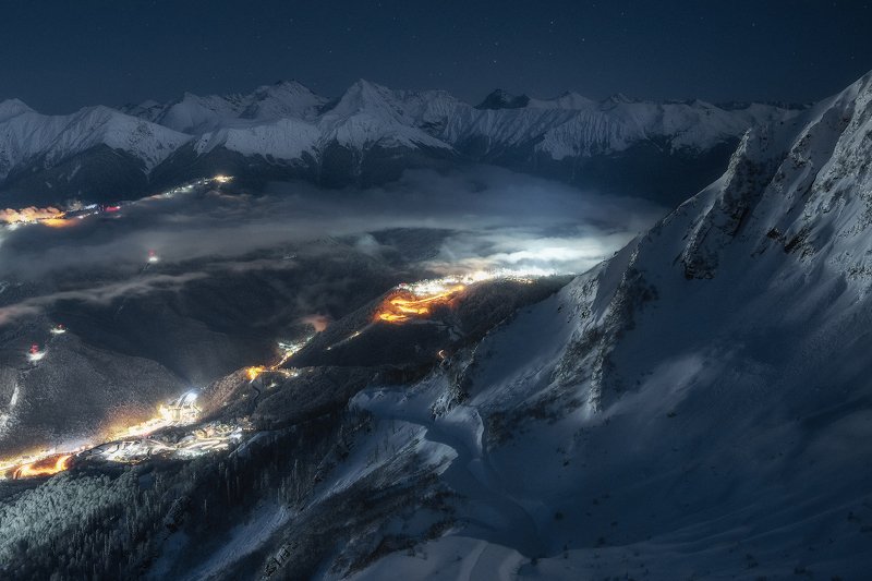 ночь, зима, горы, пейзаж, красная поляна, сочи, кавказ Ночные города фото превью