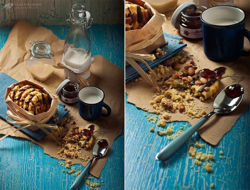 диптих, триптих, фуд-фото, печенье, сгущенка, варенье, досточка, дерево, банки, стекло, бумага, ложка, шоколад, арахис, кружка, бутылка, кракелюр Cookie love фото превью