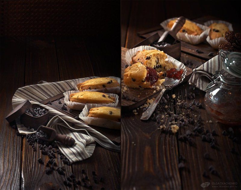 board,  bottle,  chocolate drops,  cupcakes,  jam,  paper,  scoop,  spoon,  towel Cupcakes with chocolate drops фото превью