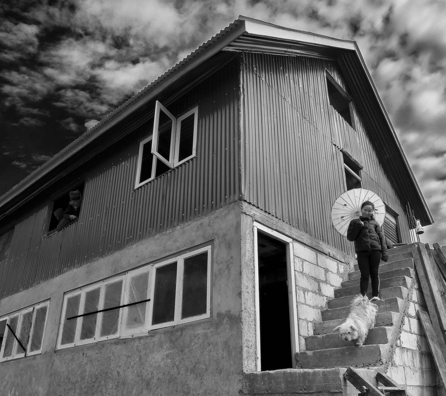 #black&white #lady #dog #stair #house #sky #mountain_lady #umbrella, Joyraj Samanta