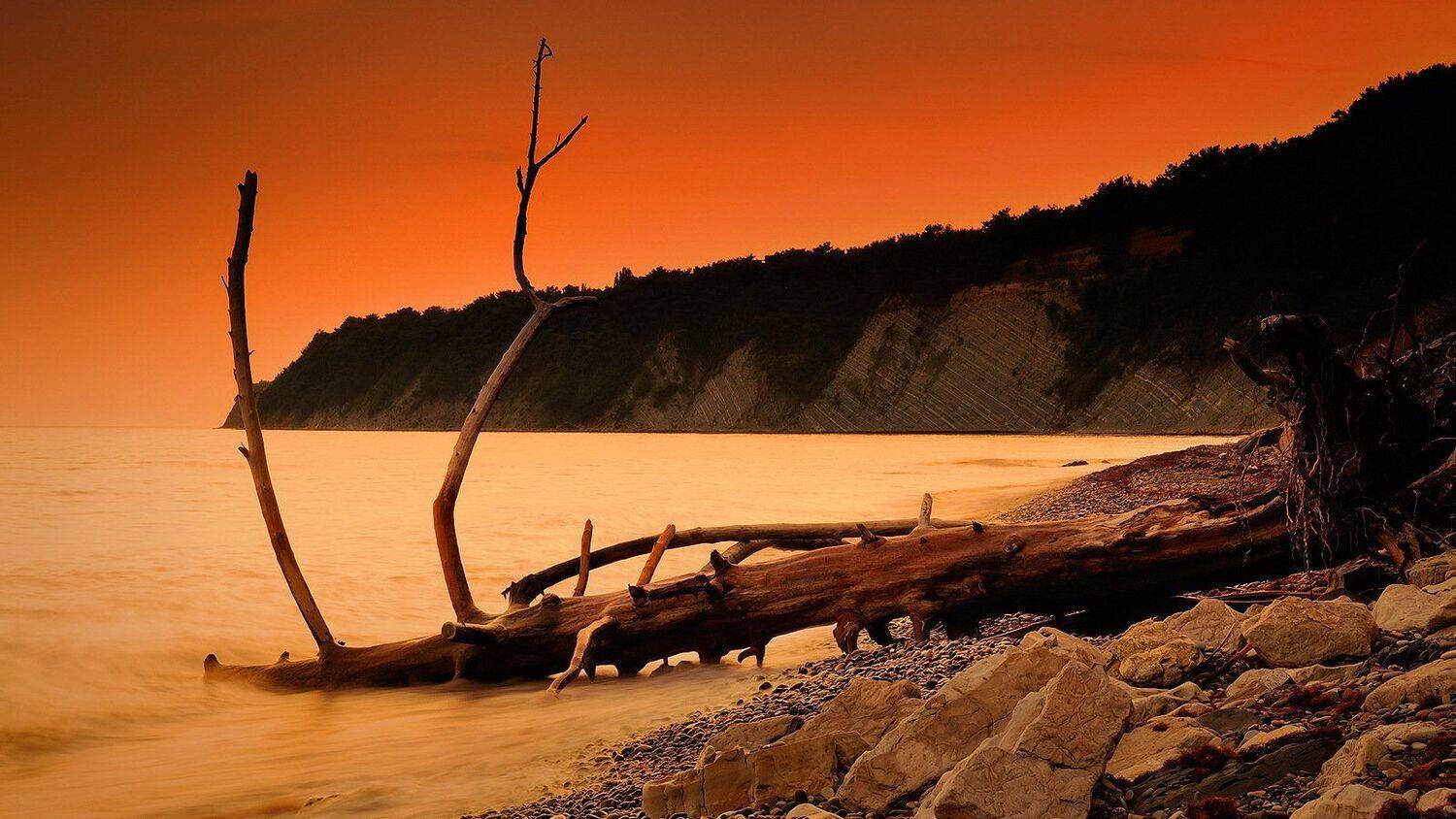 море, скалы, прибой, коряга, закат, Serj Master