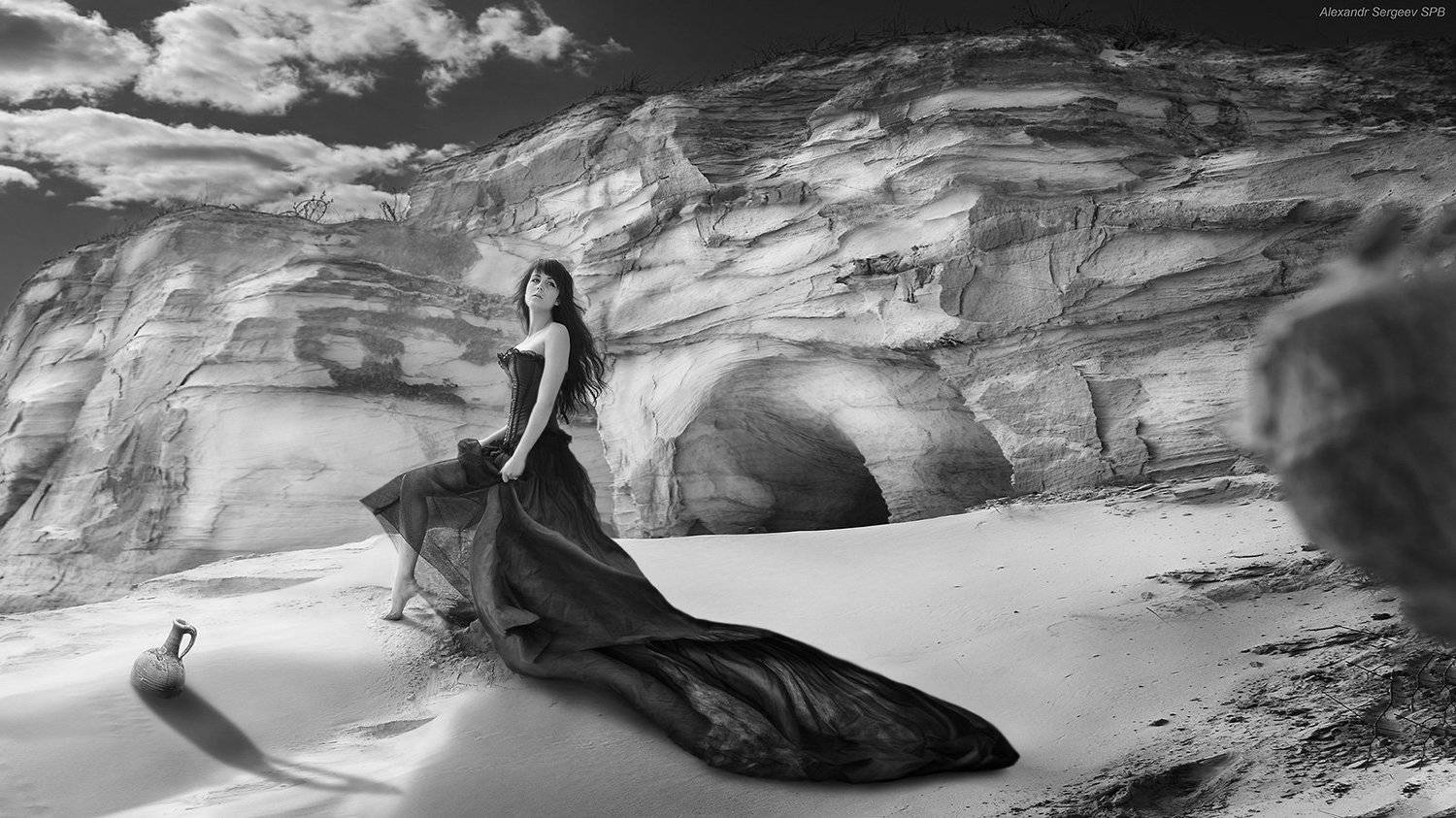 девушка,пески,настроение,арт,фото-арт, ч/б, Александр Сергеев
