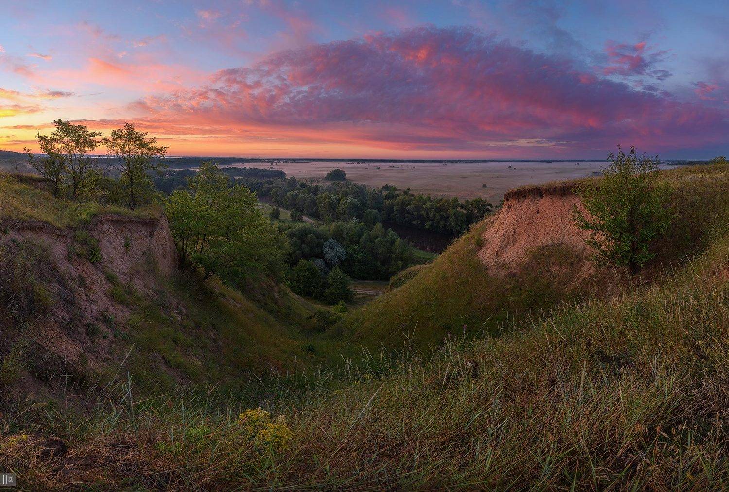 вид, глина, деревья, изгиб, лето, небо, облака, панорама, пейзаж, рассвет, свет, туман, утро, холмы, кусты, долина реки, U-235
