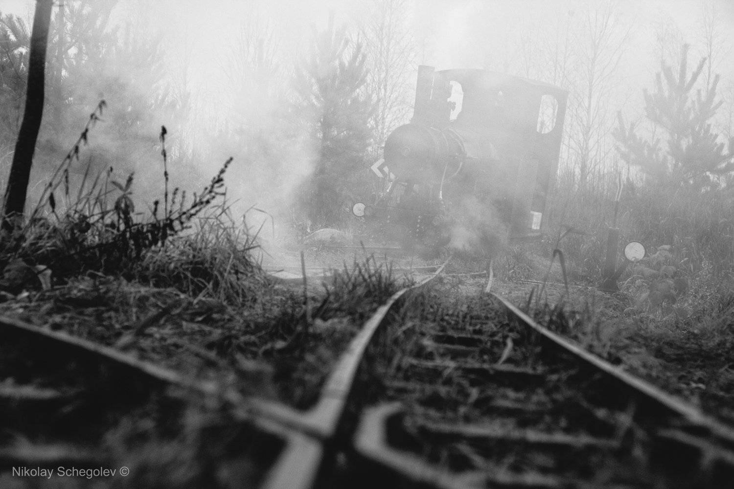 паровоз, туман, чб, самоделка, Николай Щеголев