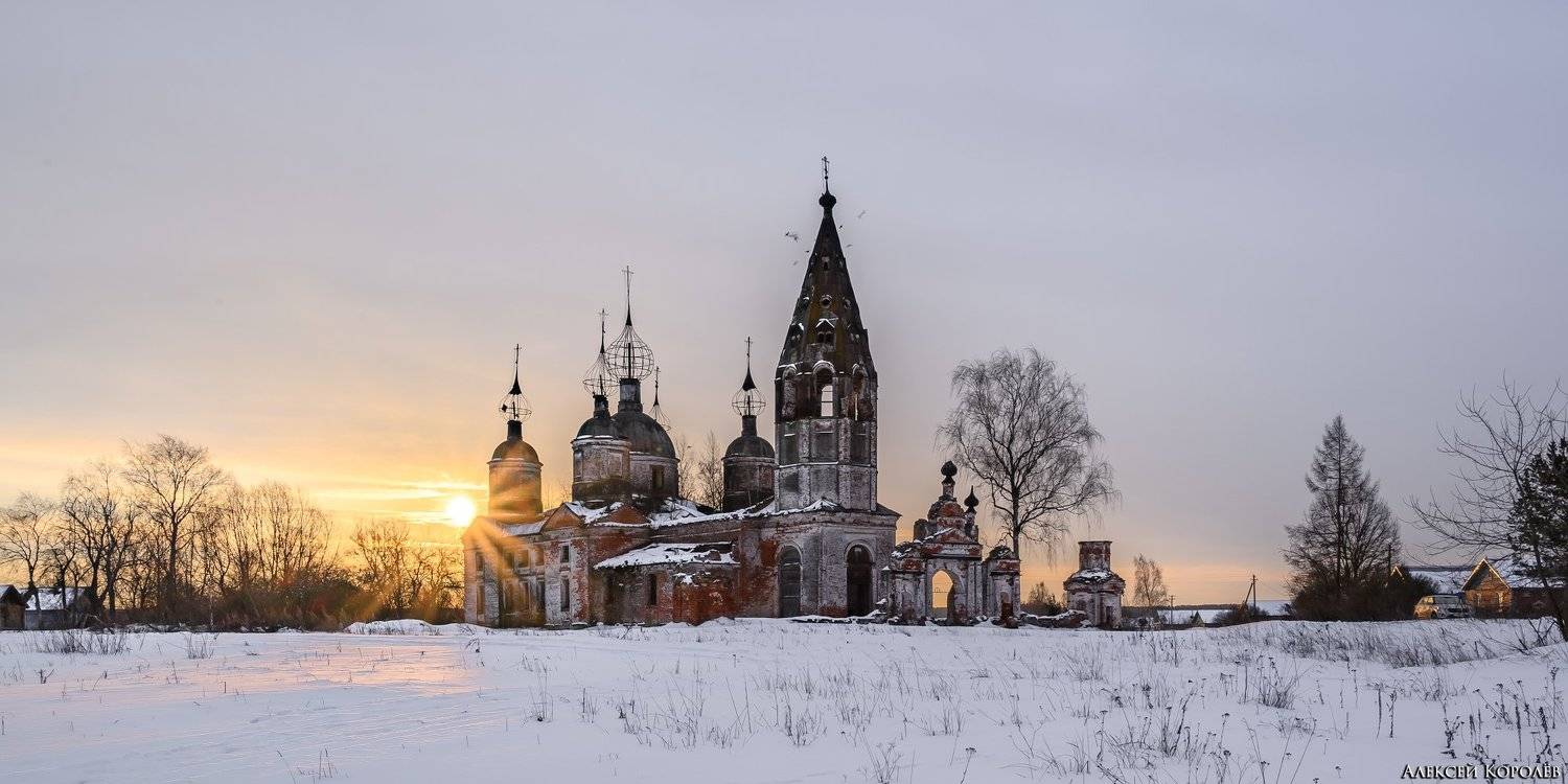 церковь, архитектура, снег, зима, восход, пейзаж, остров, ярославская область, россия, church, arhitecture, winter, snow, sunrise, landscape, ostrov, yaroslavl region, russia, Алексей Королёв