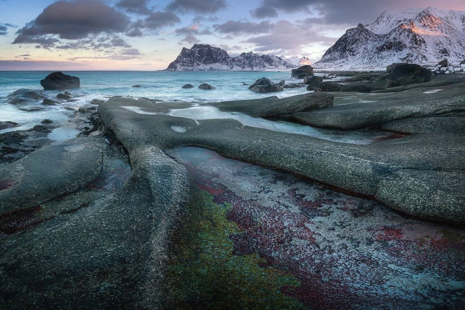 lofoten,norway,norwegian,utakleiv,shoreline,winter,wintertime,rocks,, Adrian Szatewicz