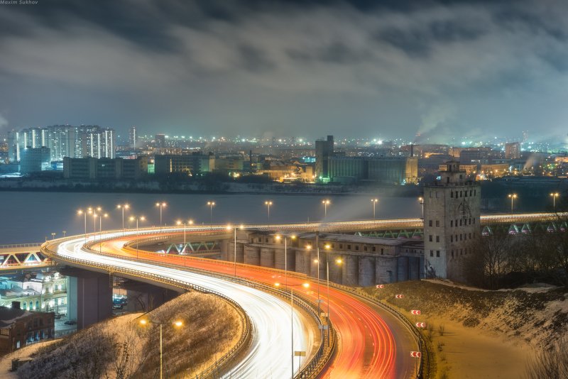 нижний новгород, метромост, городской пейзаж, город, ока, волга, фонари, мост, завод, элеватор Мосты Нижнего фото превью