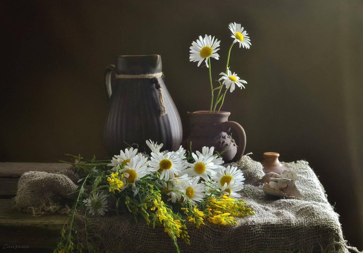 натюрморт,композиция,свет,лето,букет,кувшин,береста,ромашки, Инаида