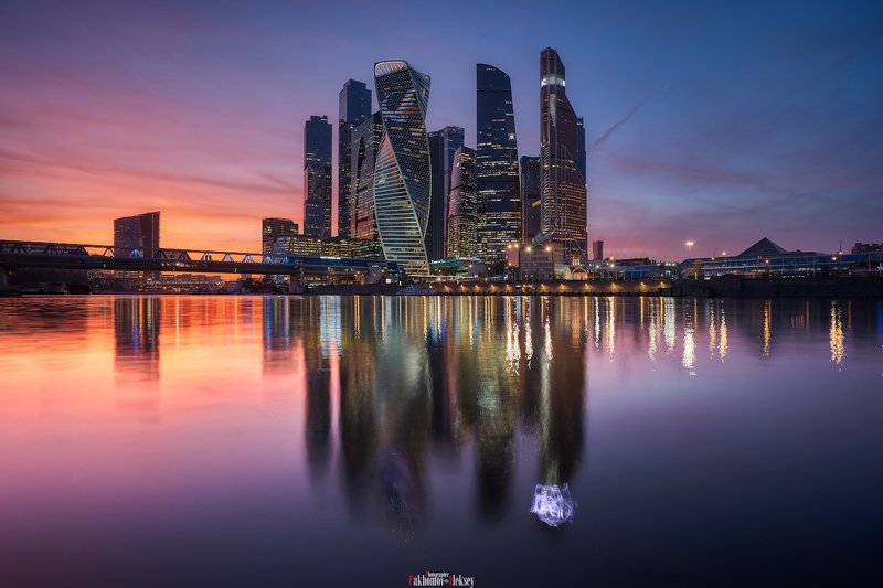 panorama, moscow, urban, city, night, landscape, color, light, москва, город, панорама, ночь, пейзаж, река, river Moscow City фото превью