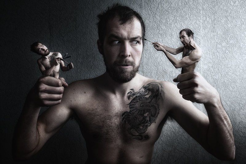 portrait, man, small people, human, fork, creative edit, fotomontage, In spite of himself фото превью