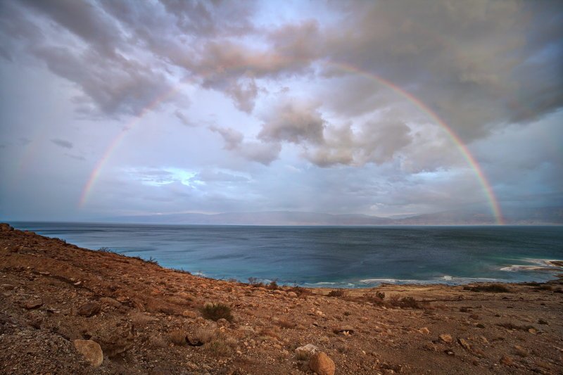 мертвое, море, небо, пейзаж соль, dead sea, yām ha-melaḥ, радуга Двойная радуга фото превью