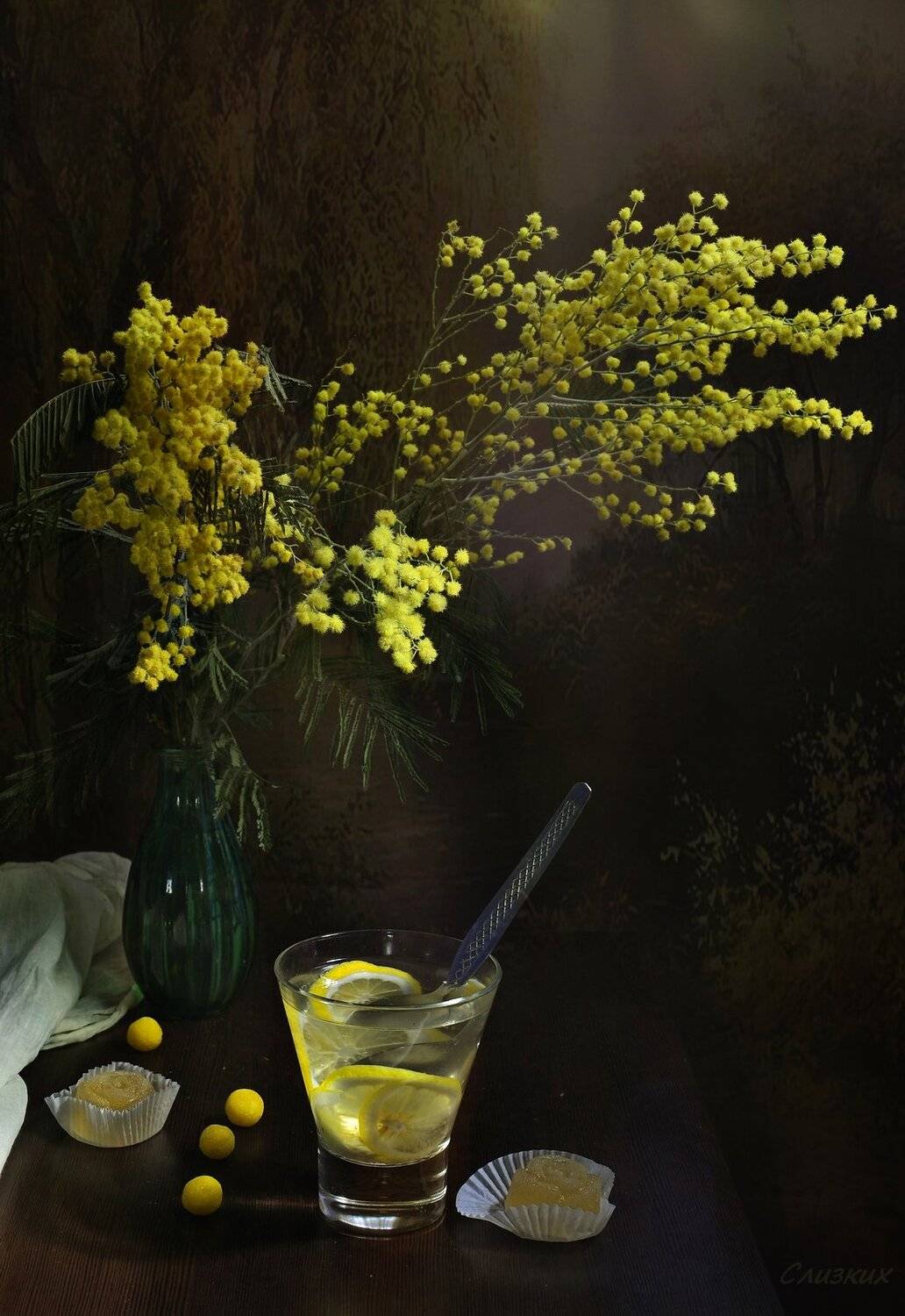 натюрморт,композиция,свет,весна,букет,мимоза,лимон, Инаида