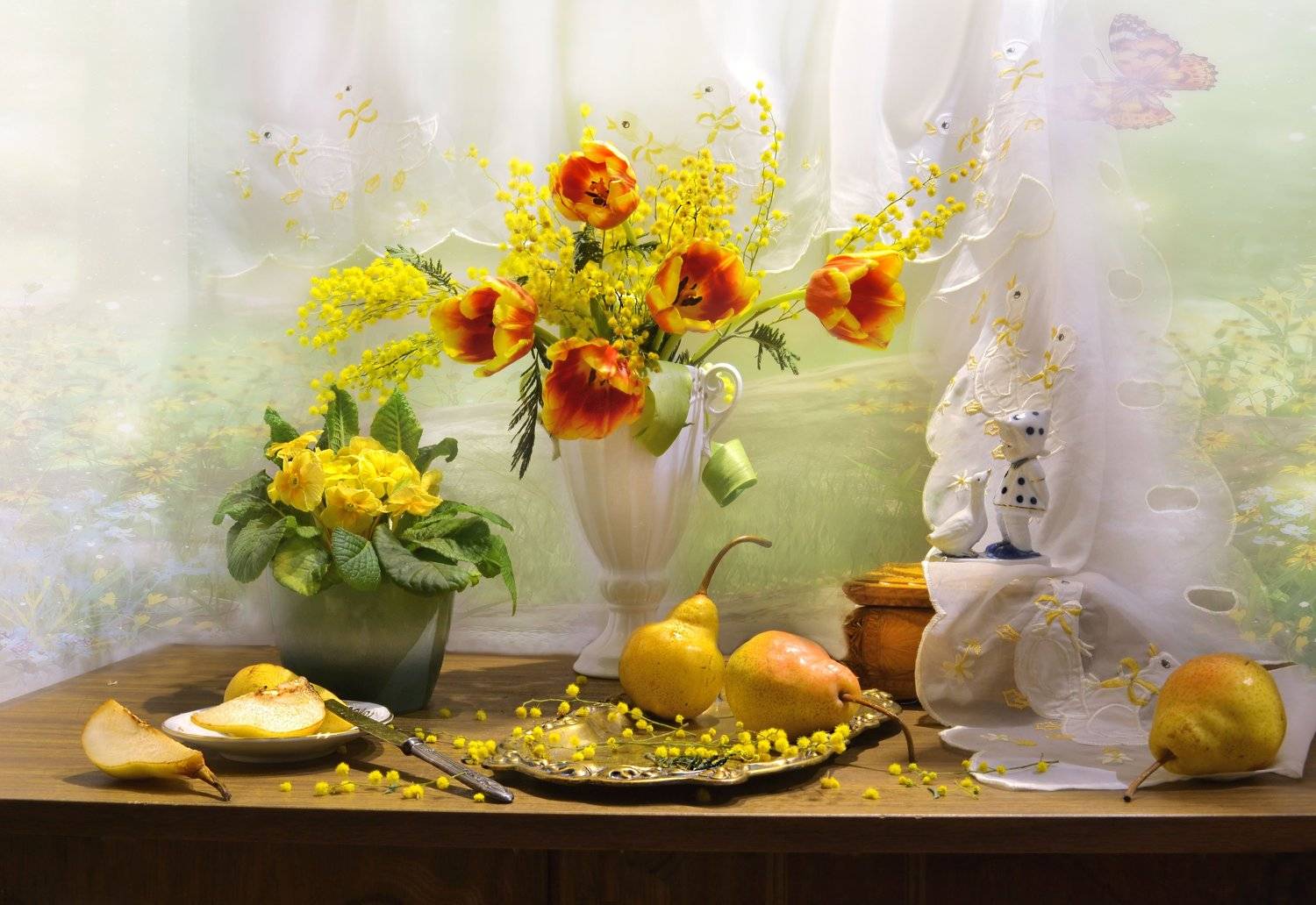 still life, натюрморт, мимоза, цветы, весна, март,груши, стихи, примула, статуэтка, тюльпаны, Колова Валентина
