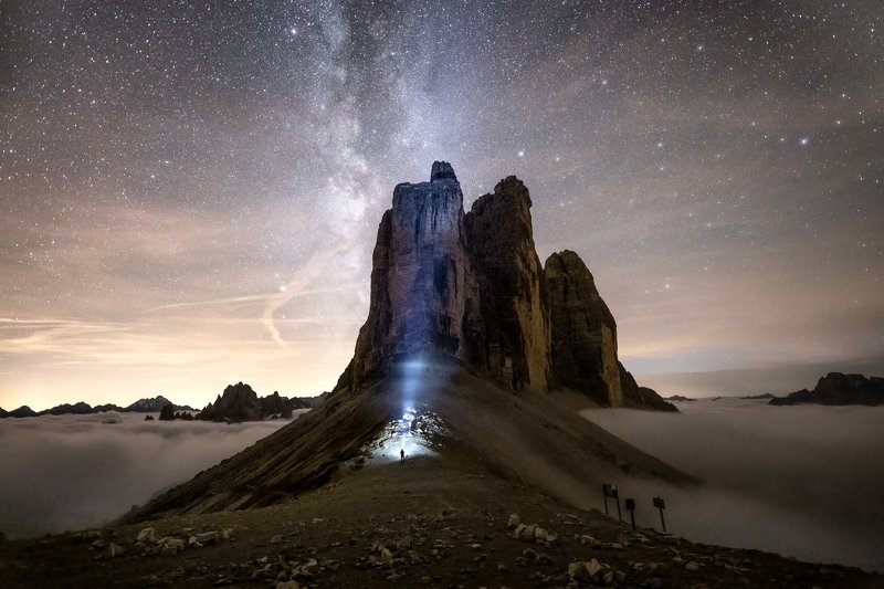Night, Milky Way, Tre Cime, Italy, Dolomite, mountains, landscape Night Wanderer фото превью