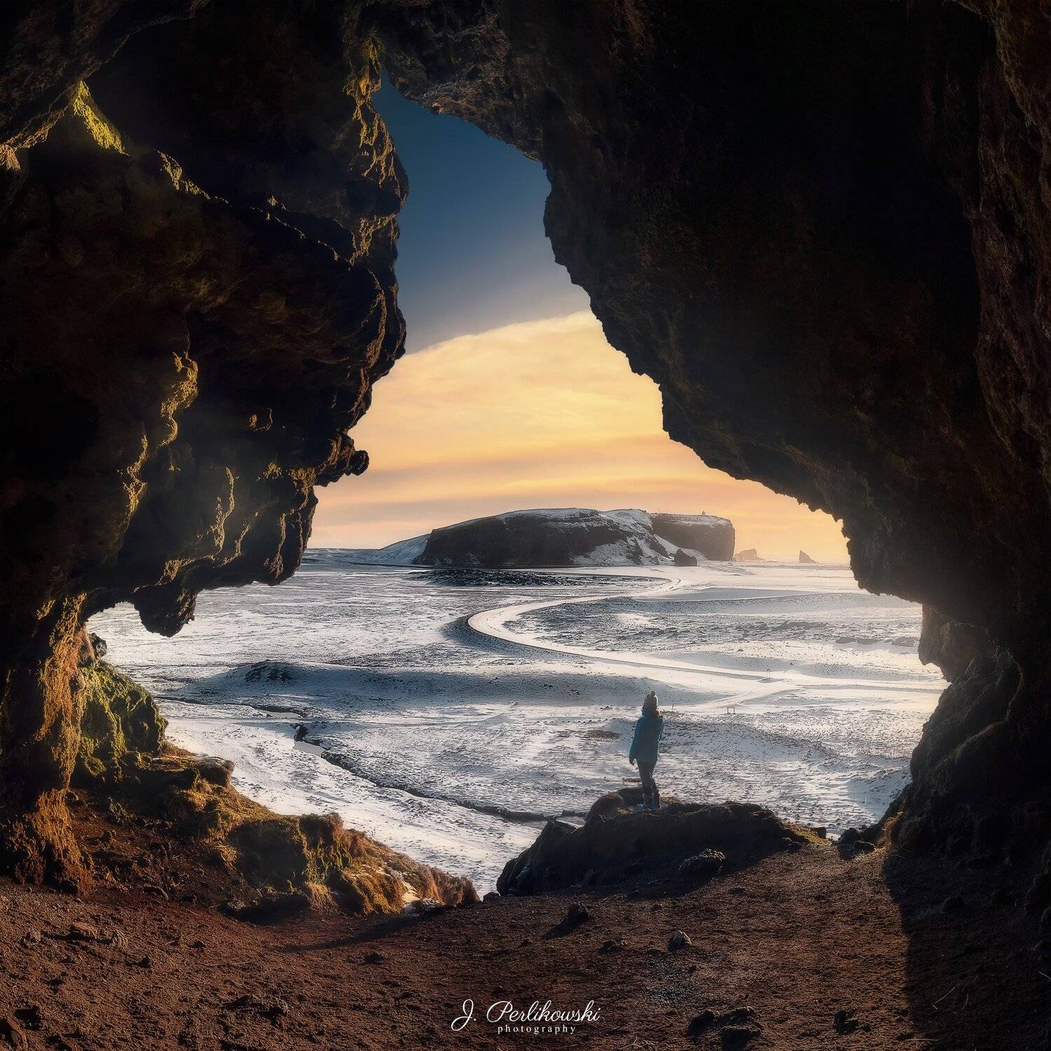 iceland, cave, landscape, sunset,, Jakub Perlikowski
