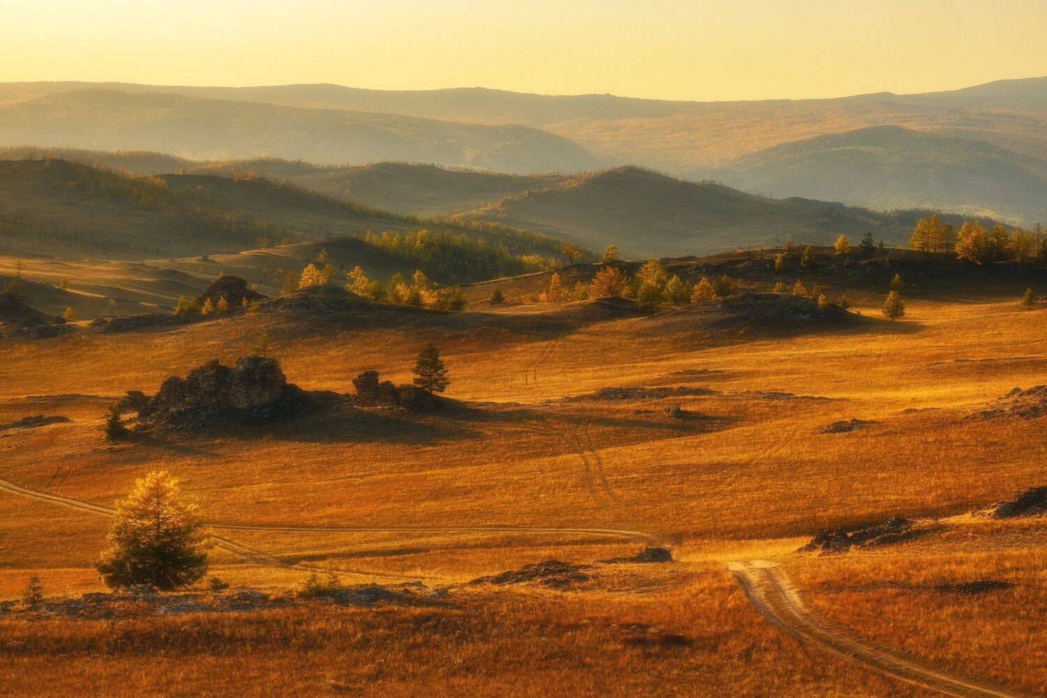 россия, иркутская область, байкал, тажераны, степь, лесостепь, закат, природа, пейзаж, заход солнца, останцы, осень, лиственница, Оборотов Алексей