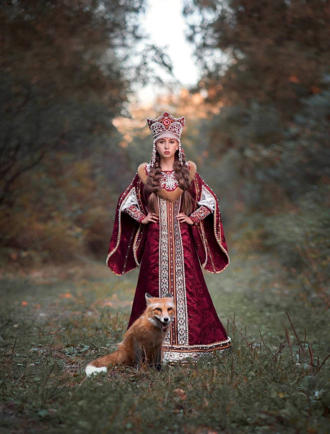 Царевна, лис, рыжий лис, природа, осень, красный, костюм, русское платье, традиции, русский мир, Софья Ознобихина