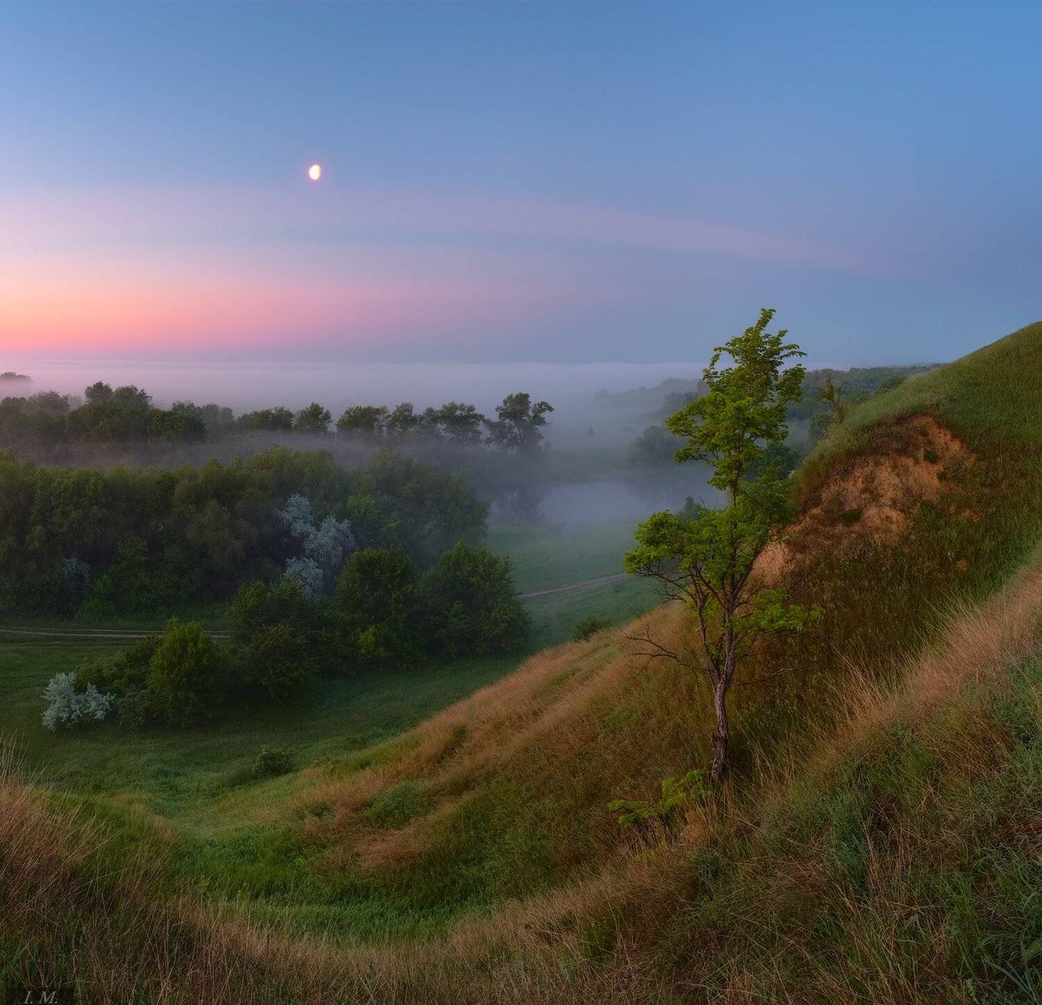 пейзаж, сумерки, река, вид, холмы, дерево, луна, весна, луг, туман, утро, тишина, morning, dawn, silence, landscape, river, grass, tree, fog, misty, Moon, foggy, spring, hills, sky, meadow, Ivan Maljarenko 